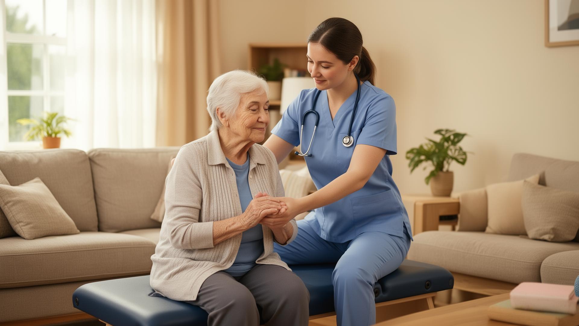 Fisioterapeuta atendendo paciente em casa